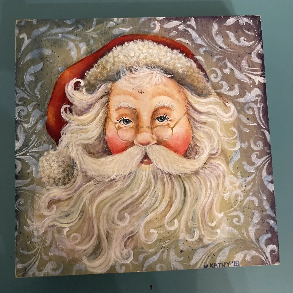 Handpainted Christmas Santa‎ Acrylic On Wood Artist Signed Size 6